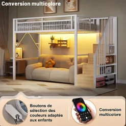 ModernLuxe Lit mezzanine 90 x 200 cm - Structure en fer - Éclairage LED - Escalier - Blanc (matelas non inclus)* Lit Mezzanine