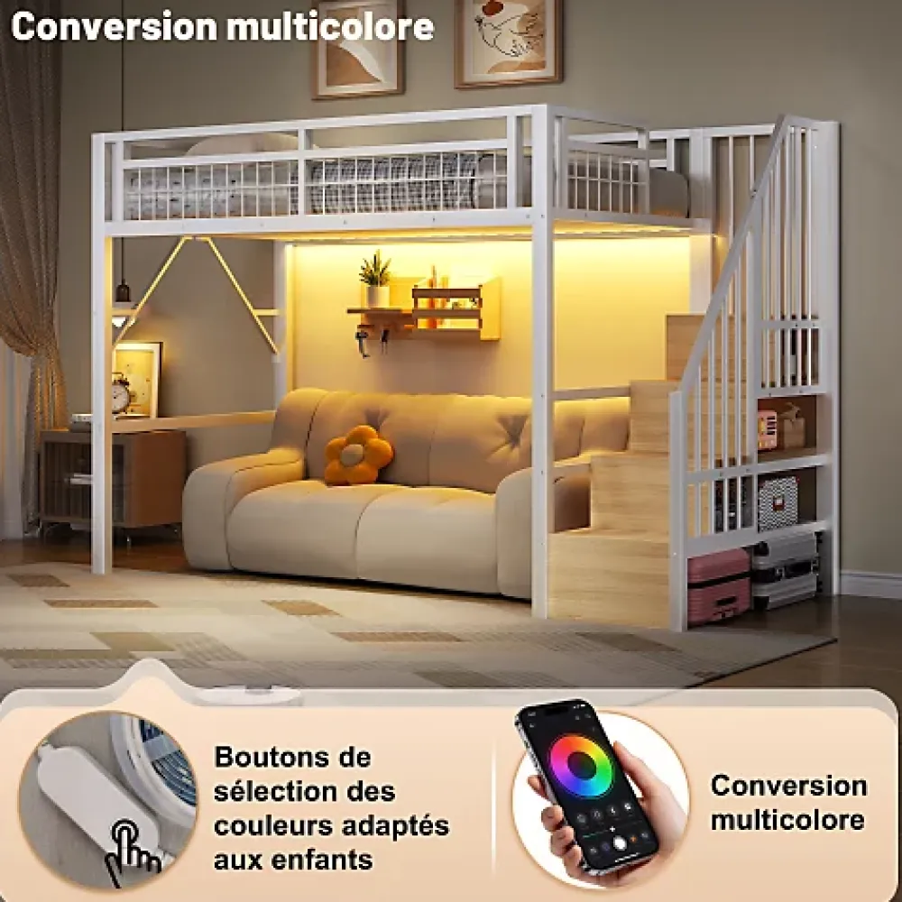 ModernLuxe Lit mezzanine 90 x 200 cm - Structure en fer - Éclairage LED - Escalier - Blanc (matelas non inclus)* Lit Mezzanine