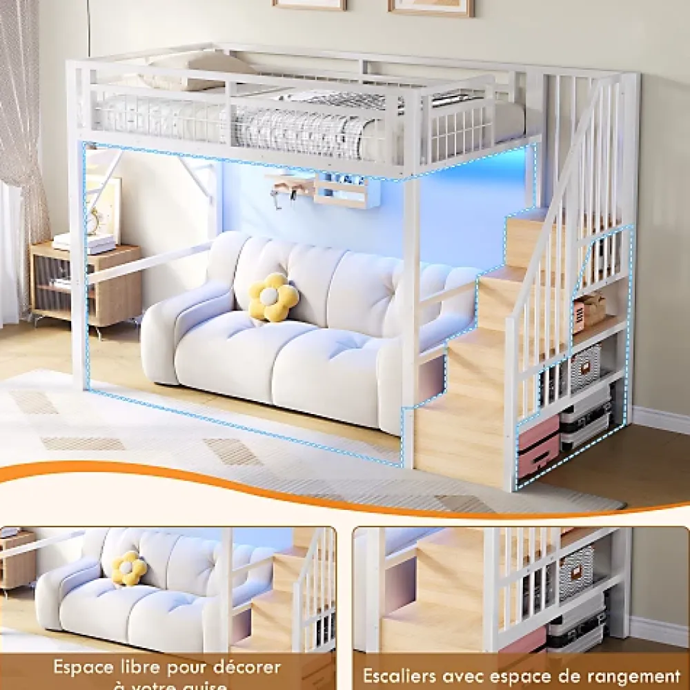 ModernLuxe Lit mezzanine 90 x 200 cm - Structure en fer - Éclairage LED - Escalier - Blanc (matelas non inclus)* Lit Mezzanine