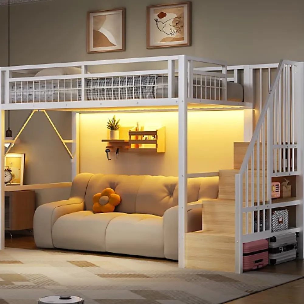 ModernLuxe Lit mezzanine 90 x 200 cm - Structure en fer - Éclairage LED - Escalier - Blanc (matelas non inclus)* Lit Mezzanine