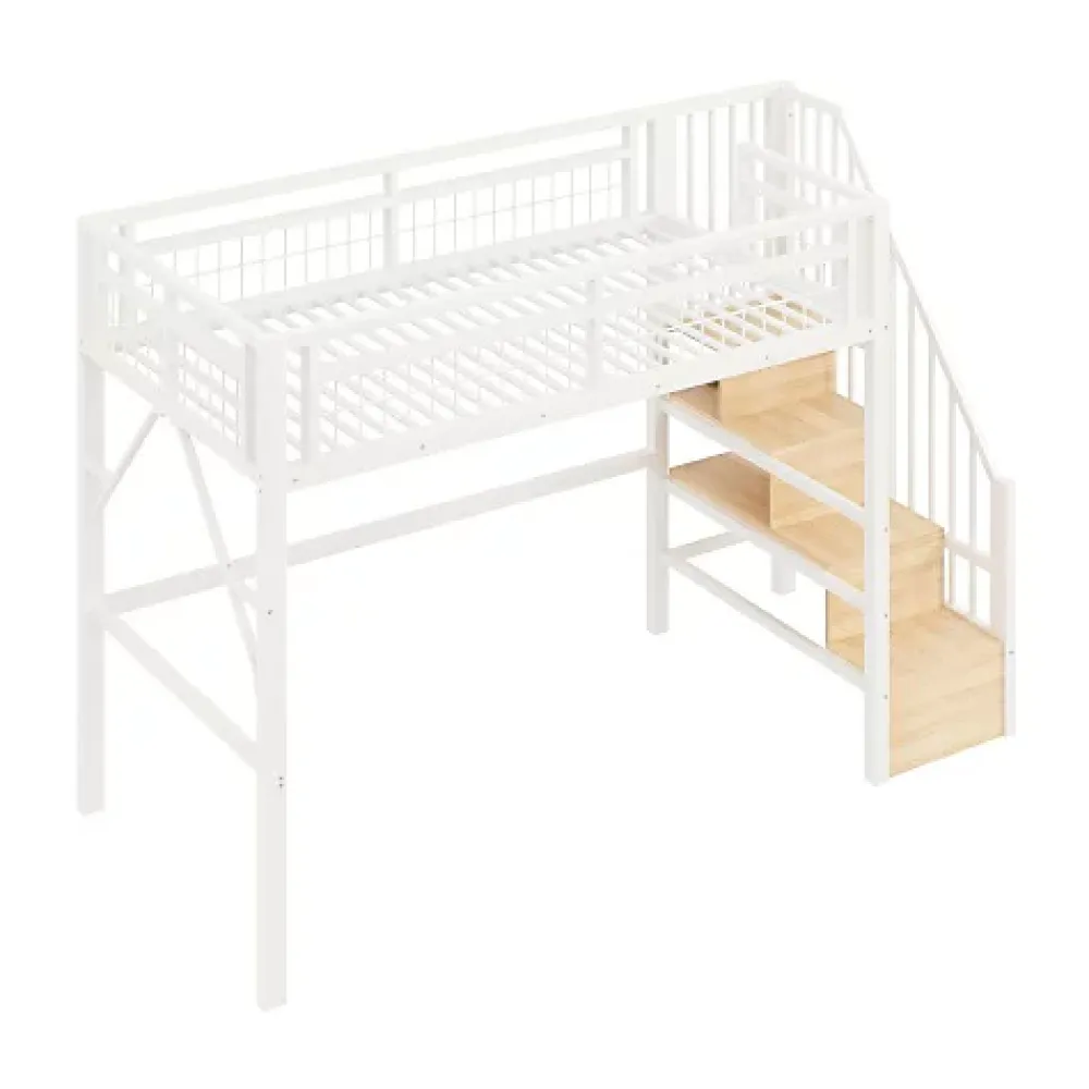 ModernLuxe Lit mezzanine 90 x 200 cm - Structure en fer - Éclairage LED - Escalier - Blanc (matelas non inclus)* Lit Mezzanine