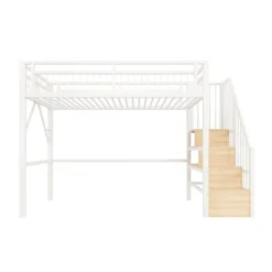ModernLuxe Lit mezzanine 90 x 200 cm - Structure en fer - Éclairage LED - Escalier - Blanc (matelas non inclus)* Lit Mezzanine