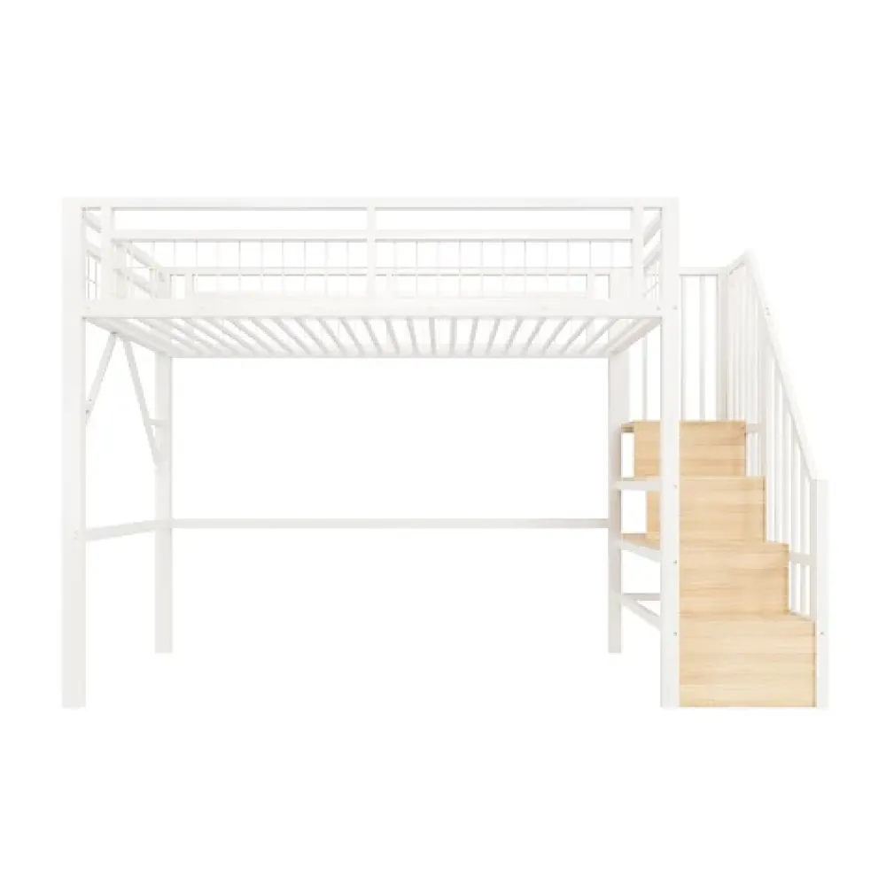 ModernLuxe Lit mezzanine 90 x 200 cm - Structure en fer - Éclairage LED - Escalier - Blanc (matelas non inclus)* Lit Mezzanine