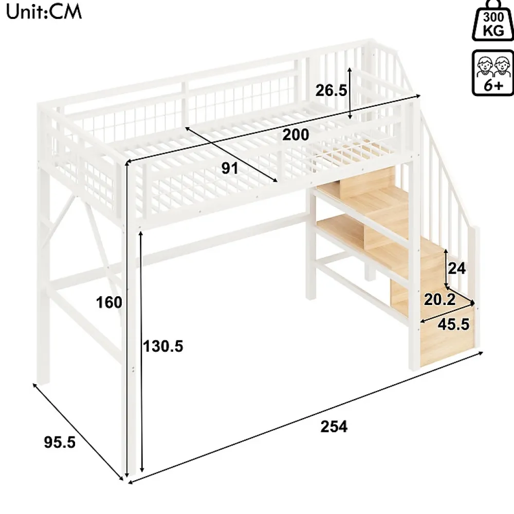 ModernLuxe Lit mezzanine 90 x 200 cm - Structure en fer - Éclairage LED - Escalier - Blanc (matelas non inclus)* Lit Mezzanine