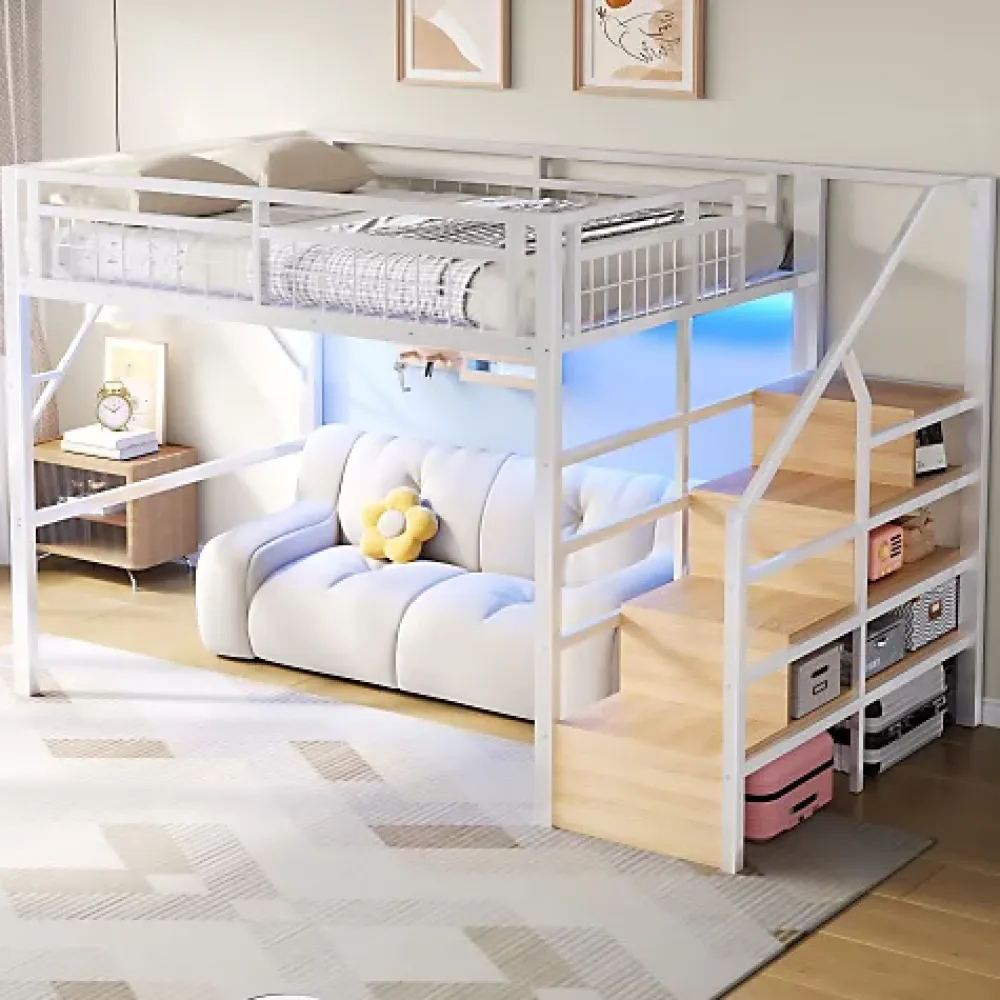 ModernLuxe Lit mezzanine 140 x 200 cm - Structure en fer - Éclairage LED - Escalier - Blanc (matelas non inclus)* Lit Mezzanine