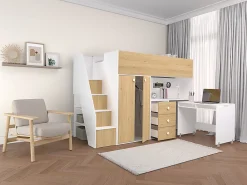 Lit mezzanine 90 x 190 cm avec armoire et bureau - Blanc et naturel - LANILATO>Vente-unique New