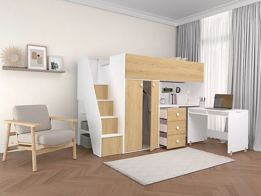 Lit mezzanine 90 x 190 cm avec armoire et bureau - Blanc et naturel - LANILATO>Vente-unique New