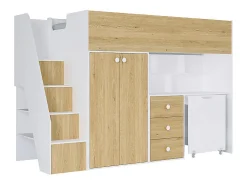 Lit mezzanine 90 x 190 cm avec armoire et bureau - Blanc et naturel - LANILATO><noscript><img width=