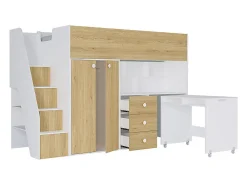 Lit mezzanine 90 x 190 cm avec armoire et bureau - Blanc et naturel - LANILATO><noscript><img width=