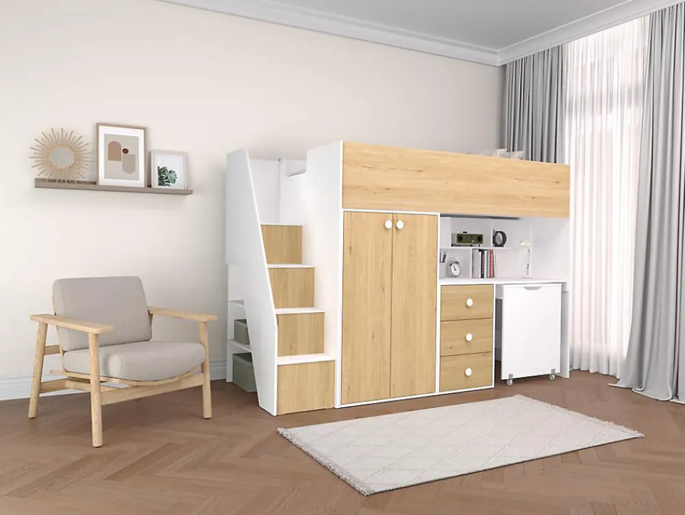 Lit mezzanine 90 x 190 cm avec armoire et bureau - Blanc et naturel - LANILATO>Vente-unique New