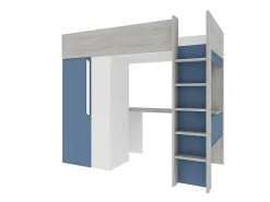 Lit mezzanine 90 x 200 cm avec armoire et bureau - Bleu et blanc + matelas - NICOLAS><noscript><img width=