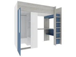 Lit mezzanine 90 x 200 cm avec armoire et bureau - Bleu et blanc + matelas - NICOLAS><noscript><img width=