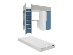 Lit mezzanine 90 x 200 cm avec armoire et bureau - Bleu et blanc + matelas - NICOLAS><noscript><img width=