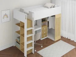 Lit mezzanine 90 x 190 cm avec bureau et penderie - Coloris : Blanc et naturel - LORINTI><noscript><img width=