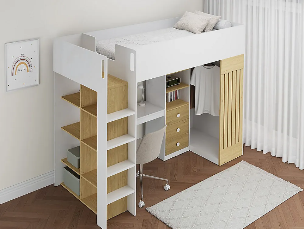 Lit mezzanine 90 x 190 cm avec bureau et penderie - Coloris : Blanc et naturel - LORINTI>Vente-unique Sale