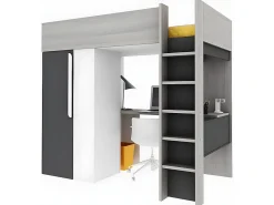 Vente-unique Lit mezzanine 90 x 200 cm avec armoire et bureau - Anthracite et blanc + matelas - NICOLAS II* Lit Mezzanine