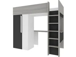 Vente-unique Lit mezzanine 90 x 200 cm avec armoire et bureau - Anthracite et blanc + matelas - NICOLAS II* Lit Mezzanine