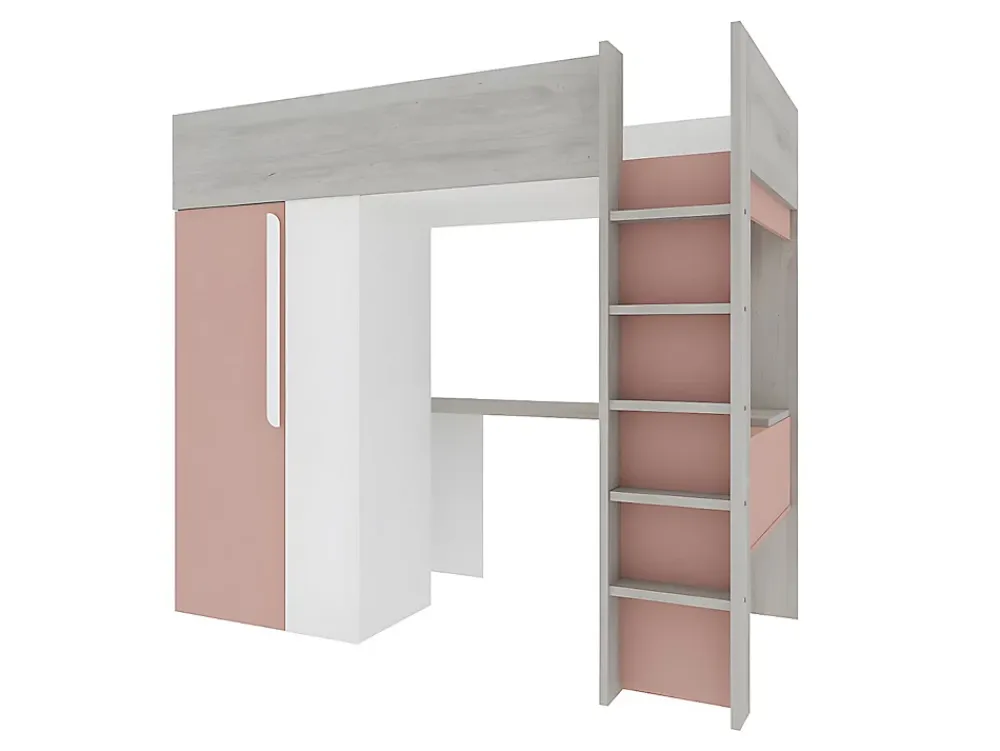 Vente-unique Lit mezzanine 90 x 200 cm avec armoire et bureau - Rose et blanc + matelas - NICOLAS* Lit Mezzanine
