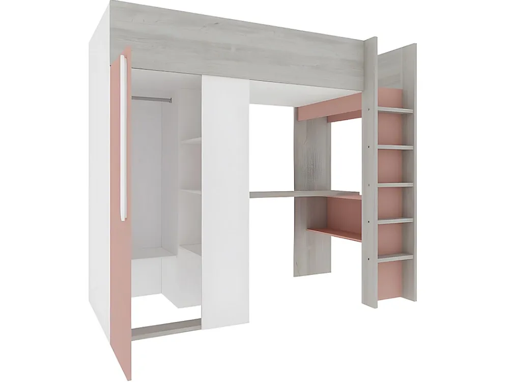 Vente-unique Lit mezzanine 90 x 200 cm avec armoire et bureau - Rose et blanc + matelas - NICOLAS* Lit Mezzanine