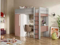 Lit mezzanine 90 x 200 cm avec armoire et bureau - Rose et blanc - NICOLAS><noscript><img width=