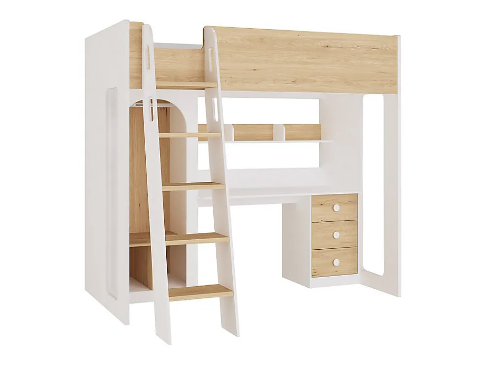 Lit mezzanine 90 x 190 cm avec penderie et bureau - Coloris : Naturel et blanc - ALVENOU>Vente-unique Sale