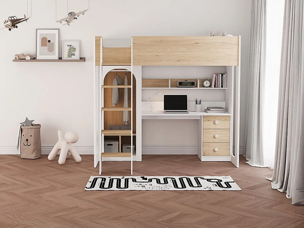 Lit mezzanine 90 x 190 cm avec penderie et bureau - Coloris : Naturel et blanc - ALVENOU>Vente-unique Sale