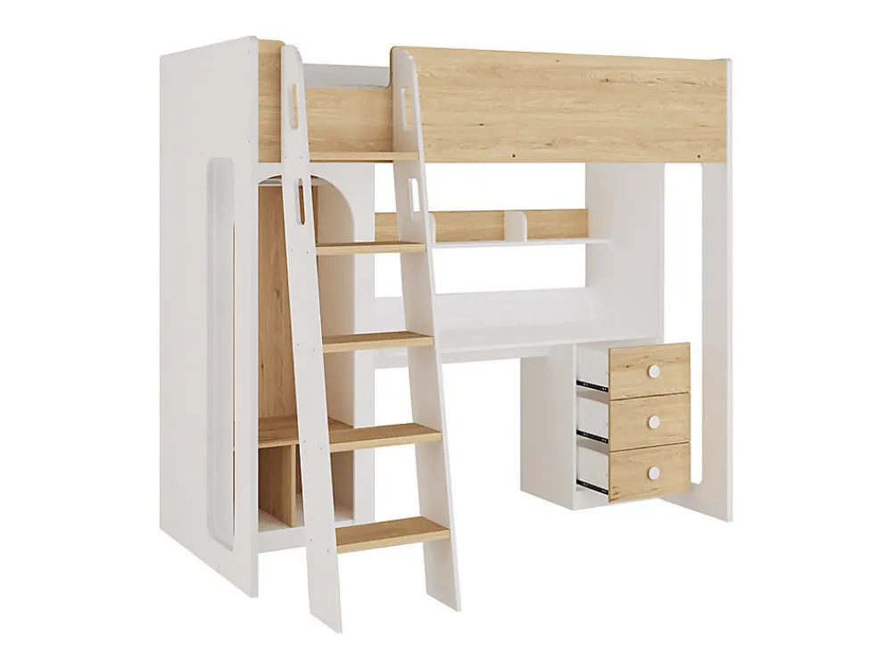 Lit mezzanine 90 x 190 cm avec penderie et bureau - Coloris : Naturel et blanc - ALVENOU>Vente-unique Sale