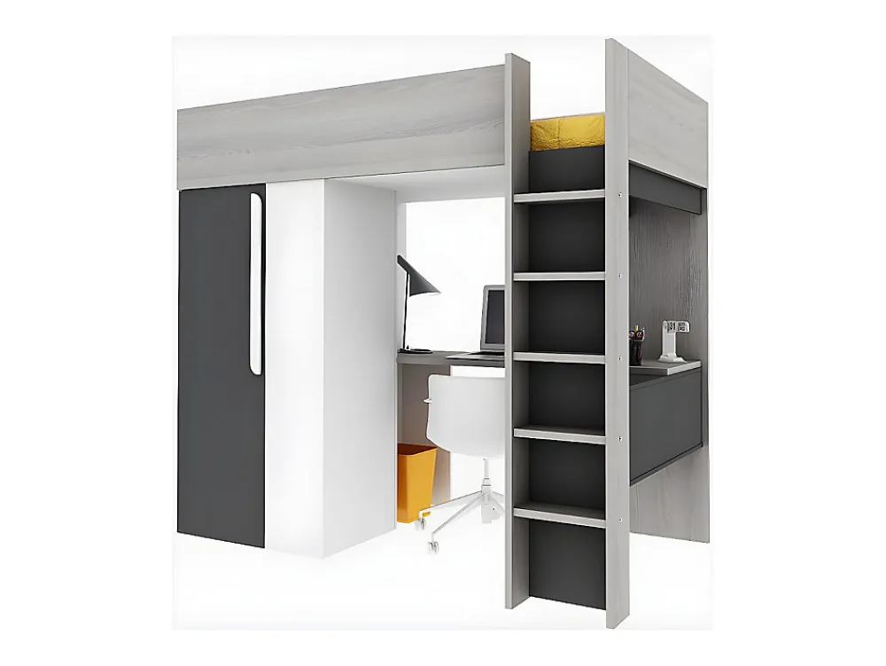 Lit mezzanine 90 x 200 cm avec armoire et bureau - Anthracite et blanc - NICOLAS II>Vente-unique Discount