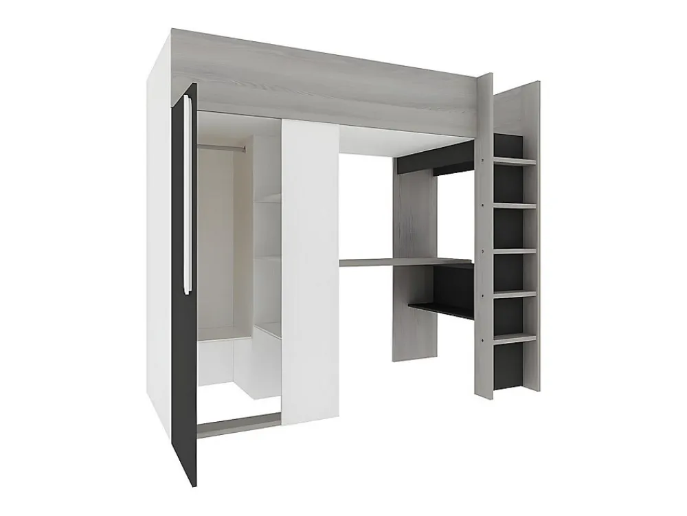Lit mezzanine 90 x 200 cm avec armoire et bureau - Anthracite et blanc - NICOLAS II>Vente-unique Discount