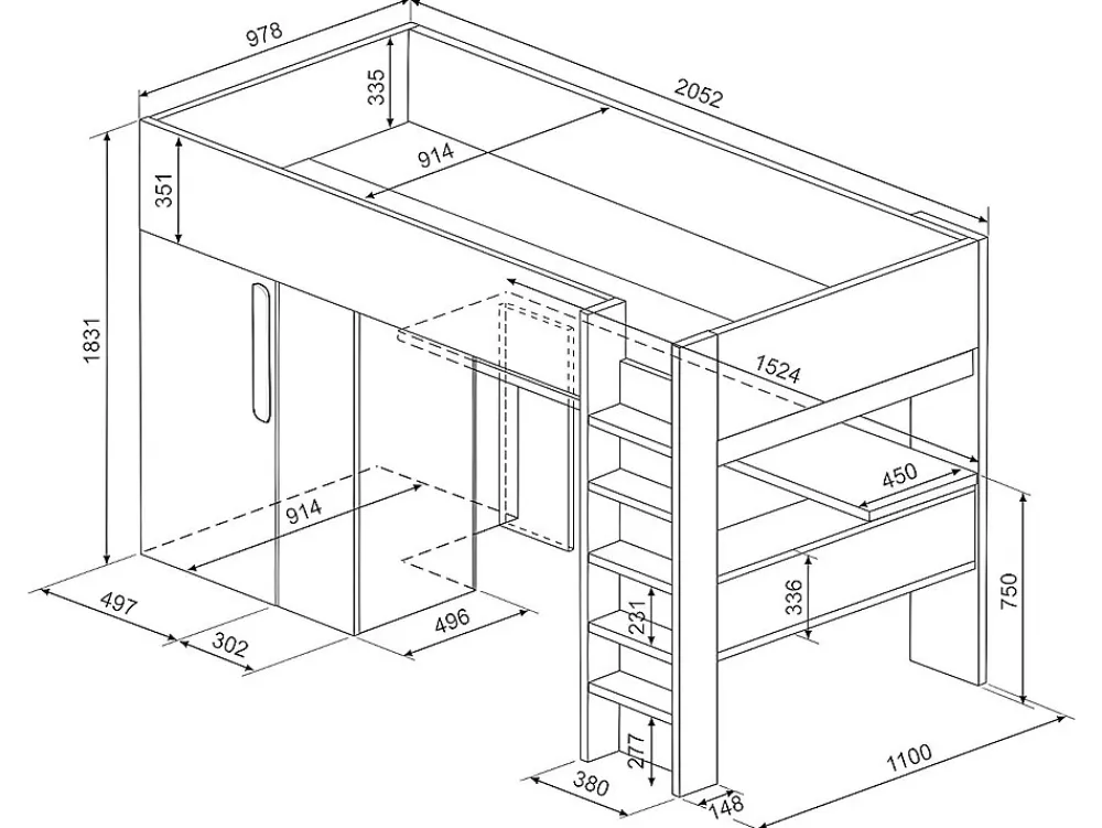 Lit mezzanine 90 x 200 cm avec armoire et bureau - Anthracite et blanc - NICOLAS II>Vente-unique Discount