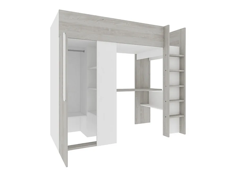 Lit mezzanine 90 x 200 cm avec armoire et bureau - Naturel grisé et blanc - NICOLAS>Vente-unique New