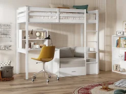 Lit mezzanine 90 x 200 cm avec bureau, sofa convertible et rangements - Pin et MDF - Blanc - GOLIATH III><noscript><img width=