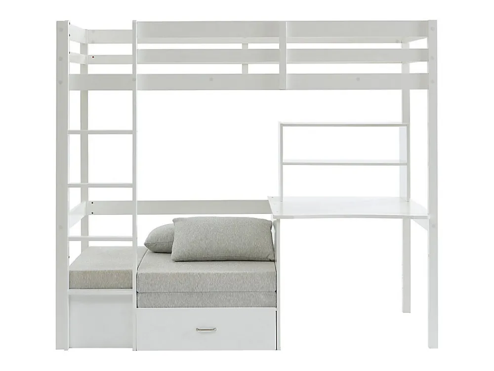 Lit mezzanine 90 x 200 cm avec bureau, sofa convertible et rangements - Pin et MDF - Blanc - GOLIATH III>Vente-unique Best
