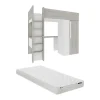 Lit mezzanine 90 x 200 cm avec armoire et bureau - Naturel grisé et blanc + Matelas - NICOLAS>Vente-unique Online