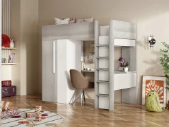 Lit mezzanine 90 x 200 cm avec armoire et bureau - Naturel grisé et blanc + Matelas - NICOLAS>Vente-unique Online