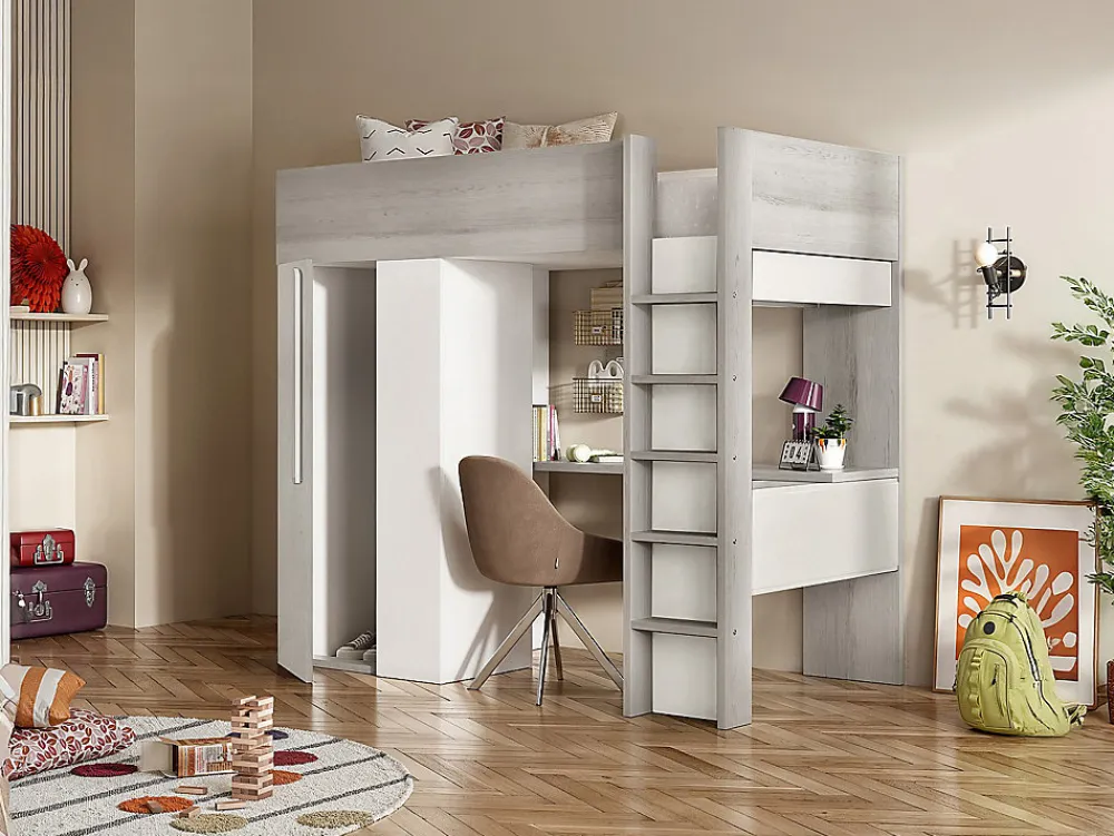 Lit mezzanine 90 x 200 cm avec armoire et bureau - Naturel grisé et blanc + Matelas - NICOLAS>Vente-unique Online
