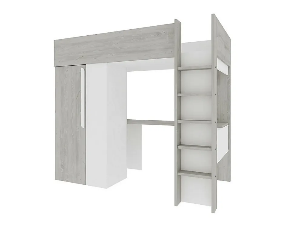 Lit mezzanine 90 x 200 cm avec armoire et bureau - Naturel grisé et blanc + Matelas - NICOLAS>Vente-unique Online