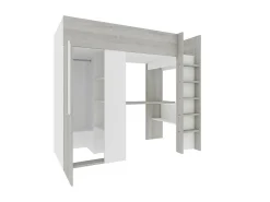 Lit mezzanine 90 x 200 cm avec armoire et bureau - Naturel grisé et blanc + Matelas - NICOLAS><noscript><img width=