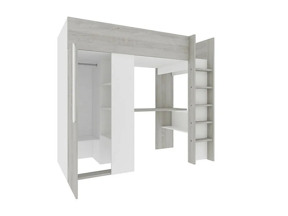 Lit mezzanine 90 x 200 cm avec armoire et bureau - Naturel grisé et blanc + Matelas - NICOLAS>Vente-unique Online