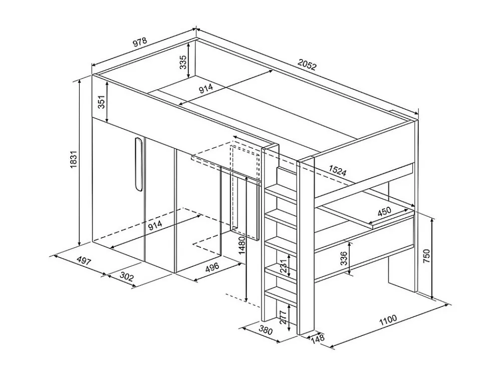 Lit mezzanine 90 x 200 cm avec armoire et bureau - Naturel grisé et blanc + Matelas - NICOLAS>Vente-unique Online