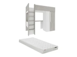 Lit mezzanine 90 x 200 cm avec armoire et bureau - Naturel grisé et blanc + Matelas - NICOLAS><noscript><img width=