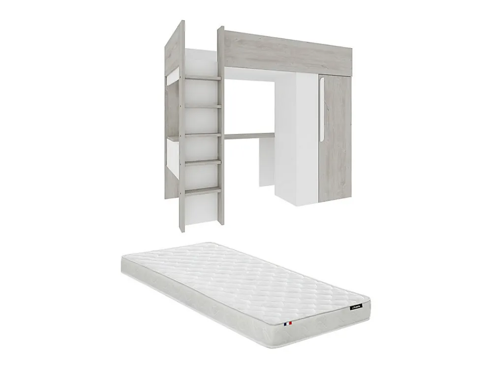 Lit mezzanine 90 x 200 cm avec armoire et bureau - Naturel grisé et blanc + Matelas - NICOLAS>Vente-unique Online