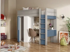 Lit mezzanine 90 x 200 cm avec armoire et bureau - Bleu et blanc - NICOLAS>Vente-unique Online