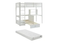 Lit mezzanine 90 x 200 cm avec bureau, sofa convertible et rangements - Pin massif - Blanchi + Matelas - GOLIATH III>Vente-unique