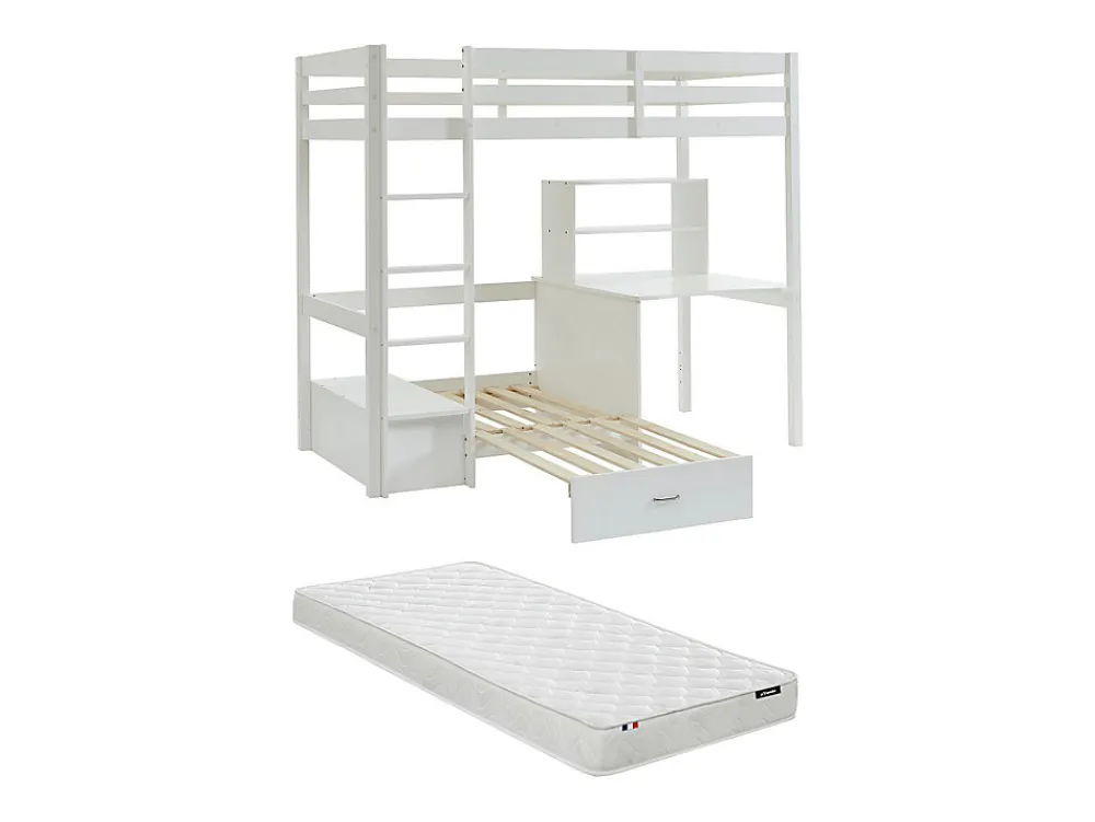 Lit mezzanine 90 x 200 cm avec bureau, sofa convertible et rangements - Pin massif - Blanchi + Matelas - GOLIATH III>Vente-unique