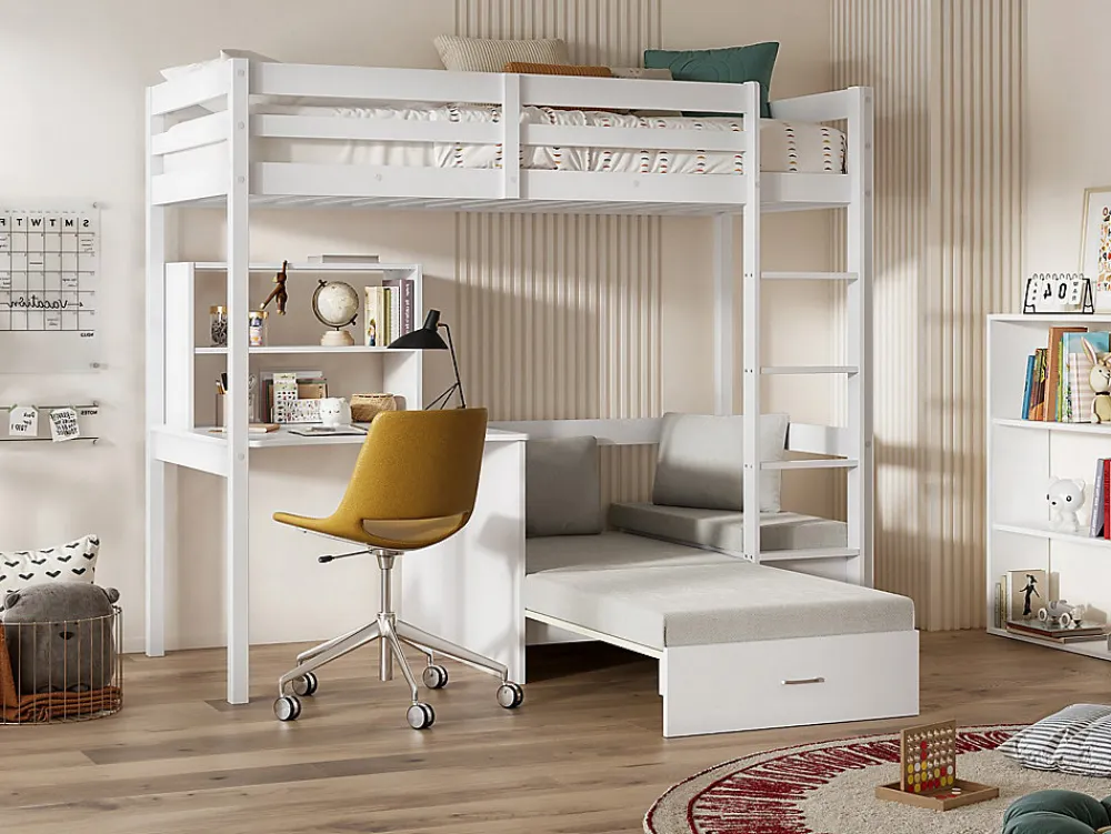 Lit mezzanine 90 x 200 cm avec bureau, sofa convertible et rangements - Pin massif - Blanchi + Matelas - GOLIATH III>Vente-unique