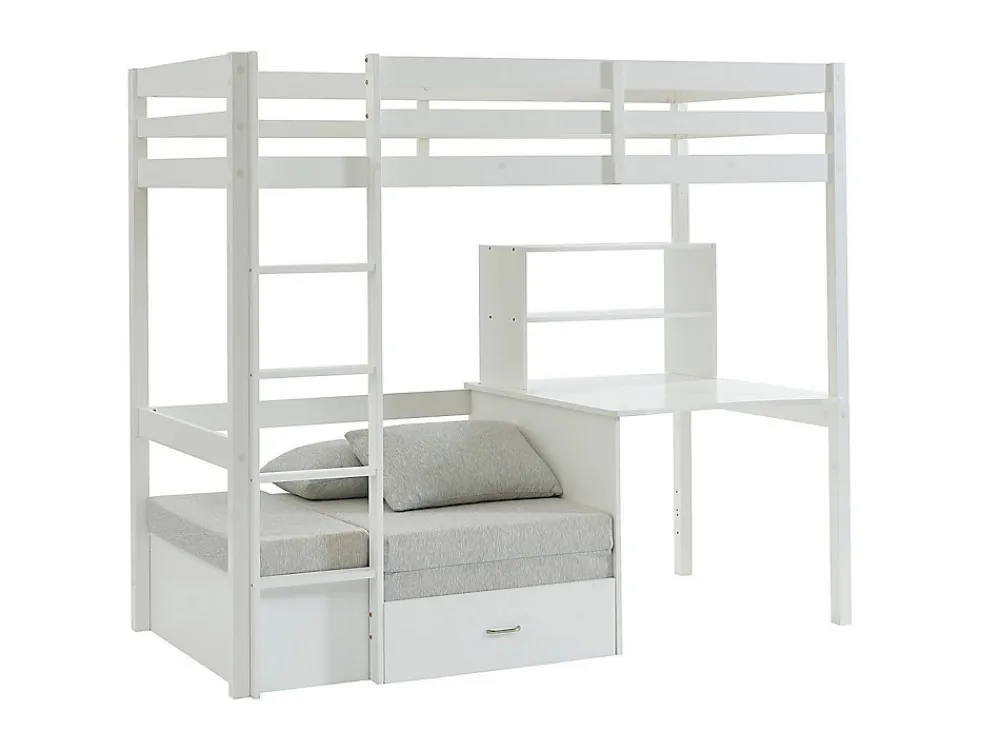 Lit mezzanine 90 x 200 cm avec bureau, sofa convertible et rangements - Pin massif - Blanchi + Matelas - GOLIATH III>Vente-unique