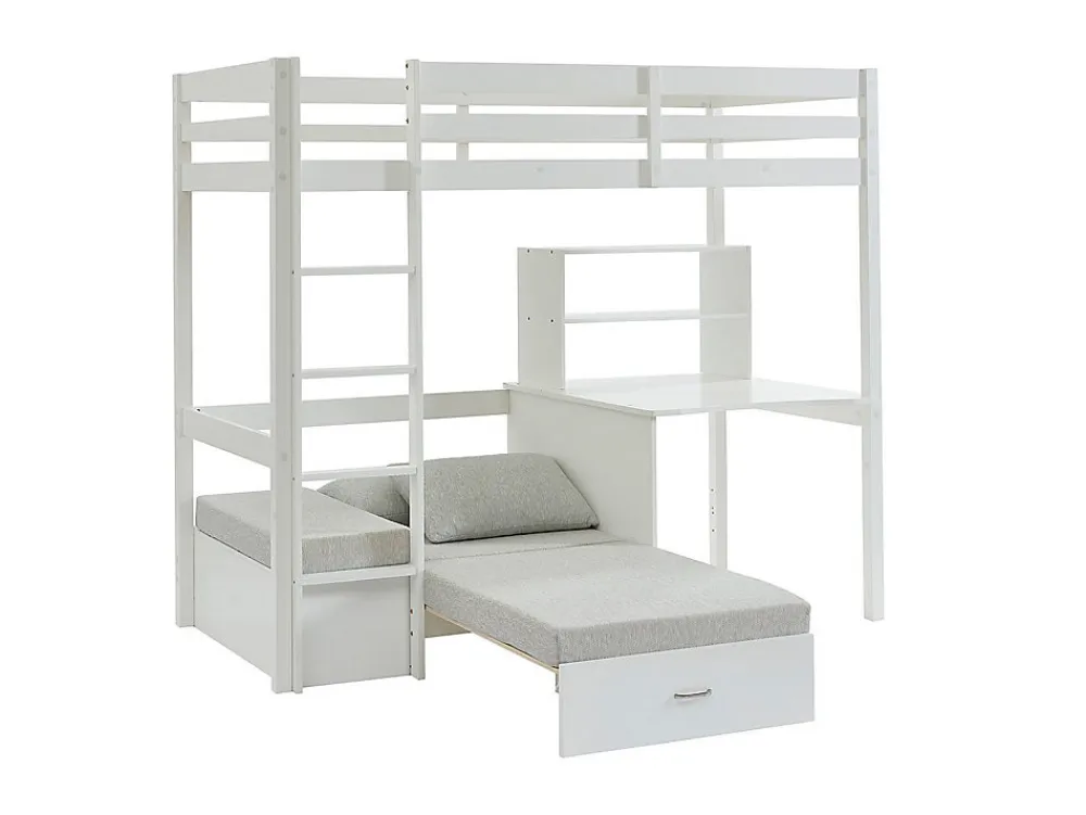 Lit mezzanine 90 x 200 cm avec bureau, sofa convertible et rangements - Pin massif - Blanchi + Matelas - GOLIATH III>Vente-unique