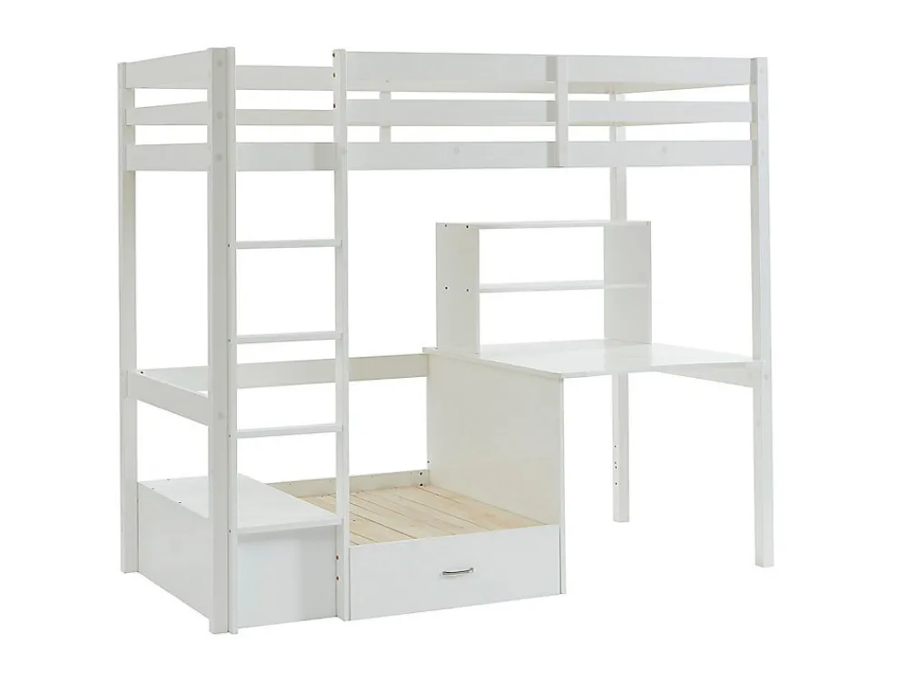 Lit mezzanine 90 x 200 cm avec bureau, sofa convertible et rangements - Pin massif - Blanchi + Matelas - GOLIATH III>Vente-unique