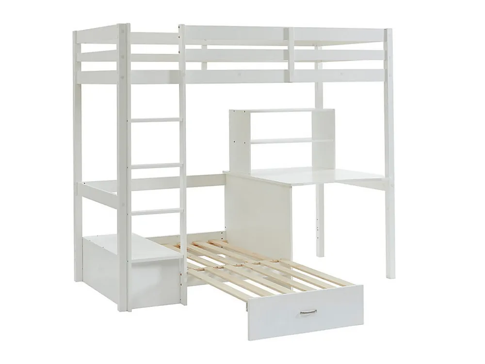 Lit mezzanine 90 x 200 cm avec bureau, sofa convertible et rangements - Pin massif - Blanchi + Matelas - GOLIATH III>Vente-unique